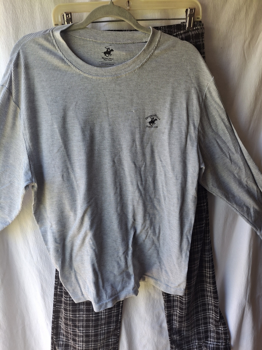 Beverly Hills Polo Club Gray Long-Sleeve Thermal Tee Plaid Bottom Loungewear Set
